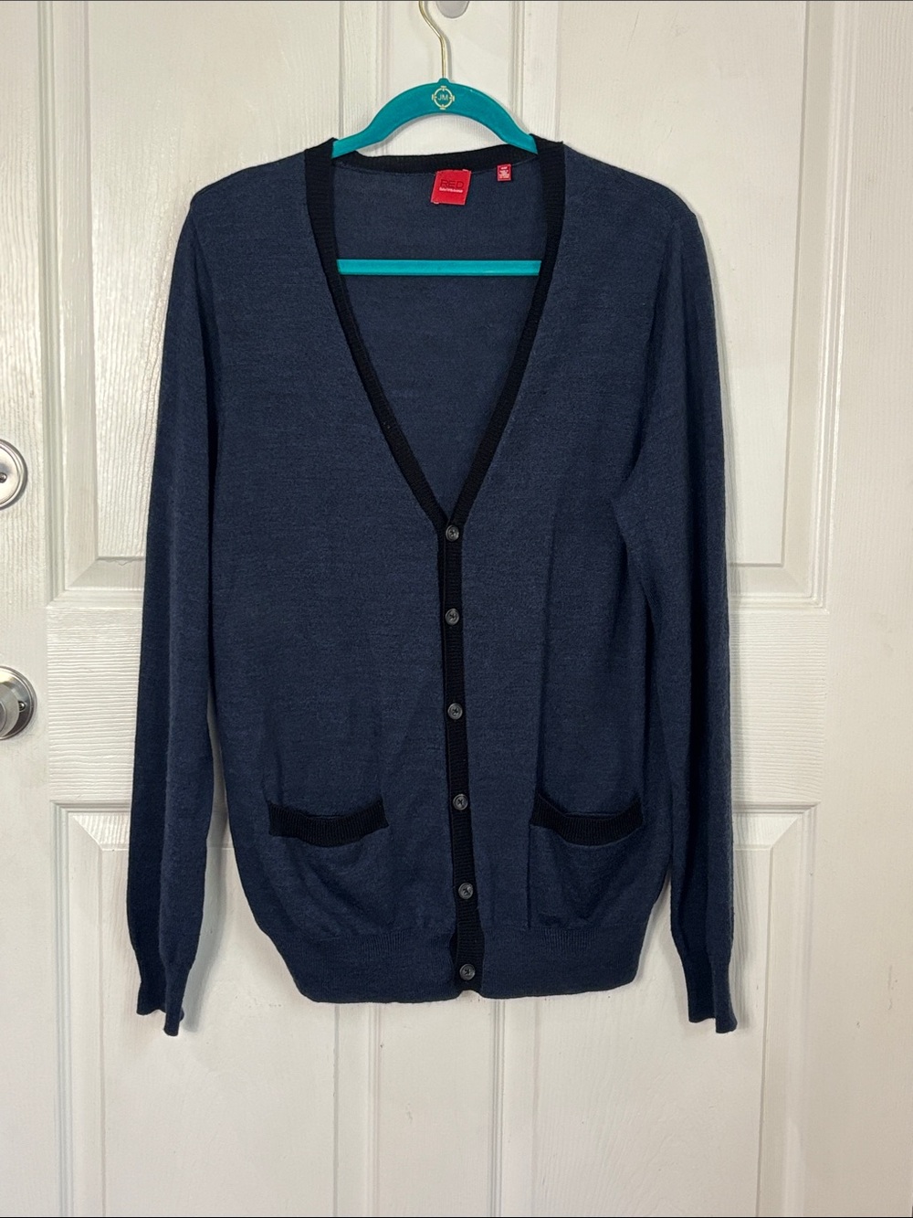 RED SAKS FIFTH AVE Merino Wool Blend Navy Contrast Trim Cardigan Sweater Size M